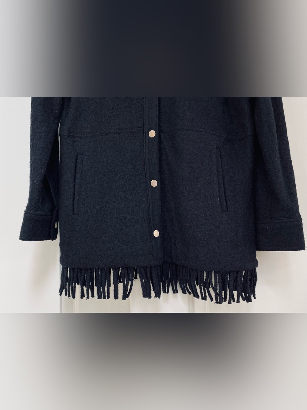 Chico’s Black Boiled Wool Heavy Button Down Fringe Jacket Size 1 Medium 8-10 - Picture 5 of 12